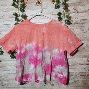 Calvin Klein Jeans Tie Dye Shirt Pink Tan Orange Top Crop CK